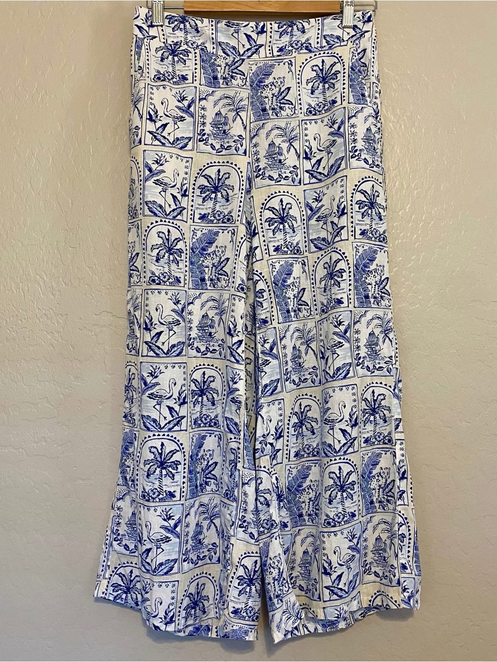 100% Linen Wide Leg Blue and White Printed Palazzo Pants